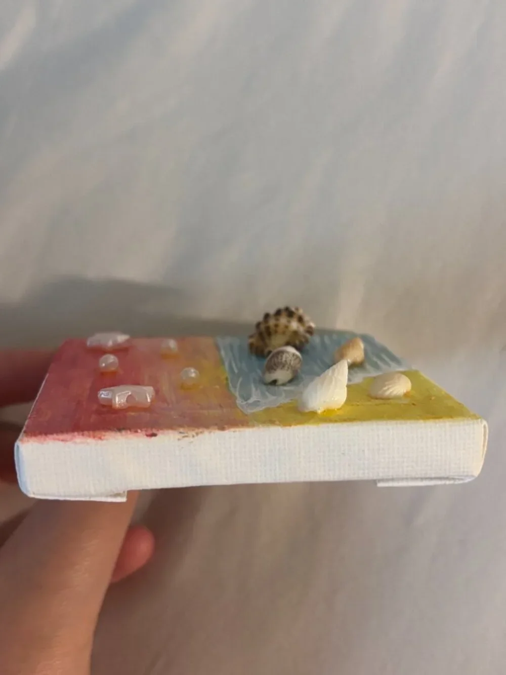 Original Mini Canvas Painting Sunset Beach with Pearls and Shells